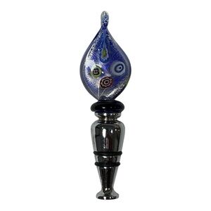 Murano Blue Art Glass 5" Wine Bottle Stopper Teardrop Shaped Millefiori Glass